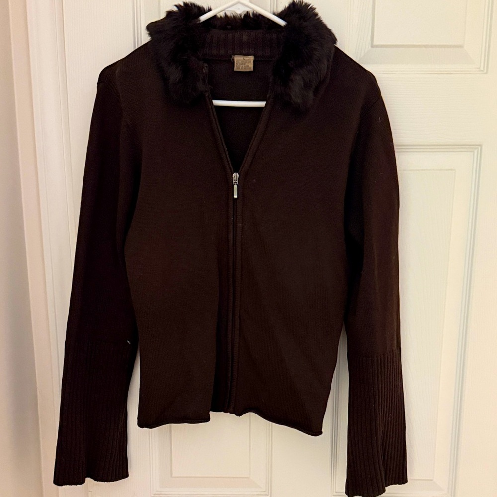 Brown Zip-Up Sweater with Faux Fur Collar